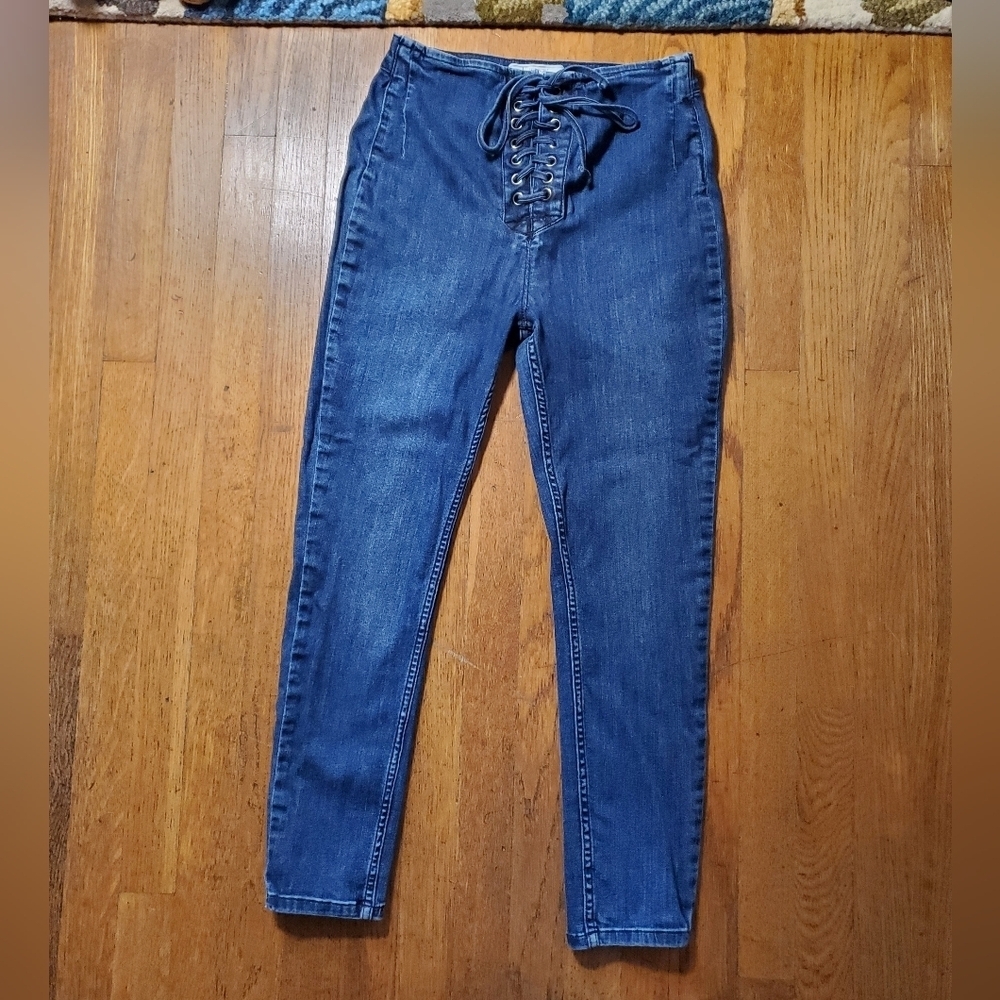 Free People High Rise Lace-Up Blue Jeans